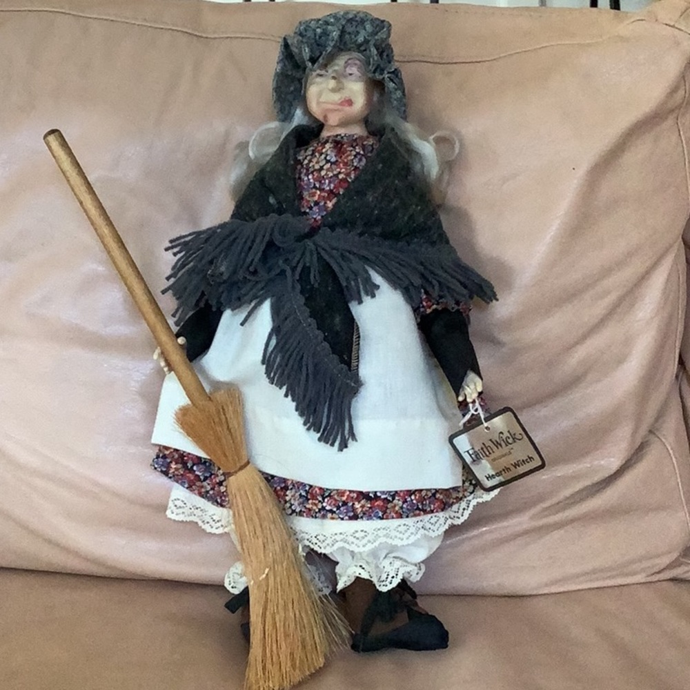 Vintage Faith Wick Hearth Witch. 1981 with tag and broom. Vinyl and cloth.